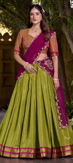 Green color Lehenga in Kanchipuram Silk fabric with Embroidered, Sequence, Thread work