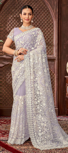 Purple and Violet color Saree in Net fabric with Embroidered, Sequence work