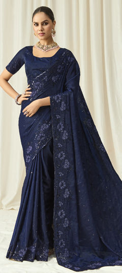 Blue color Saree in Satin Silk fabric with Bugle Beads, Sequence work