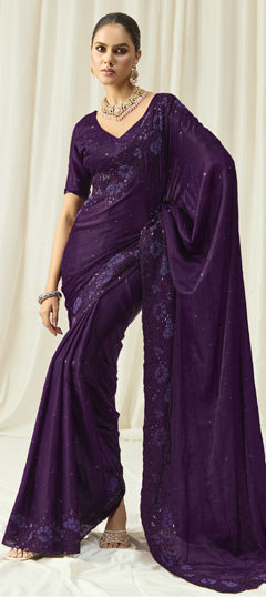 Purple and Violet color Saree in Satin Silk fabric with Bugle Beads, Sequence work