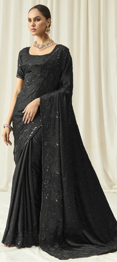 Black and Grey color Saree in Satin Silk fabric with Bugle Beads, Sequence work