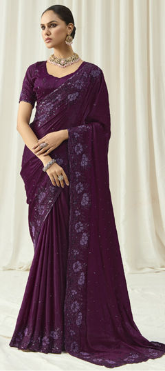 Purple and Violet color Saree in Satin Silk fabric with Bugle Beads, Sequence work