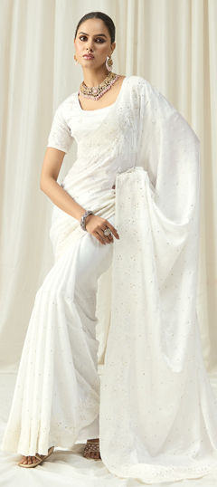 White and Off White color Saree in Satin Silk fabric with Bugle Beads, Sequence work