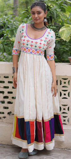 White and Off White color Gown in Roman Silk fabric with Embroidered, Gota Patti, Mirror, Resham, Thread work