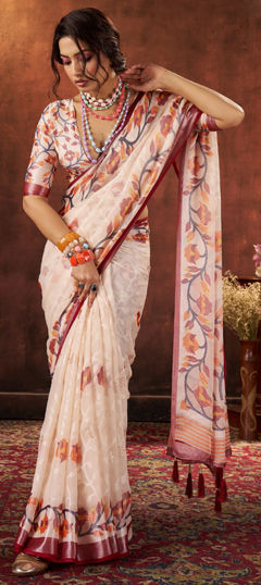 White and Off White color Saree in Brasso fabric with Printed work