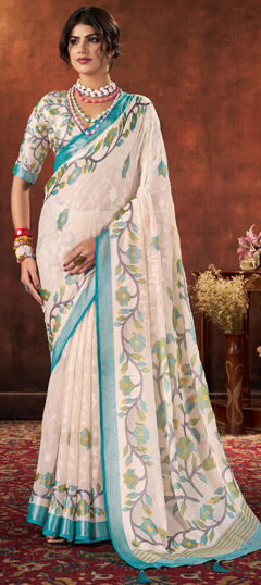 White and Off White color Saree in Brasso fabric with Printed work