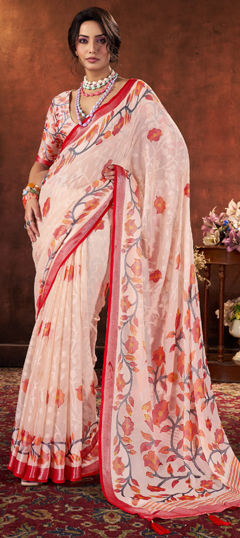 White and Off White color Saree in Brasso fabric with Printed work