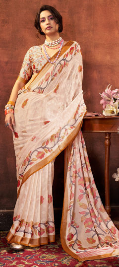 White and Off White color Saree in Brasso fabric with Printed work