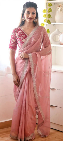 Pink and Majenta color Saree in Organza Silk fabric with Embroidered, Sequence, Thread work
