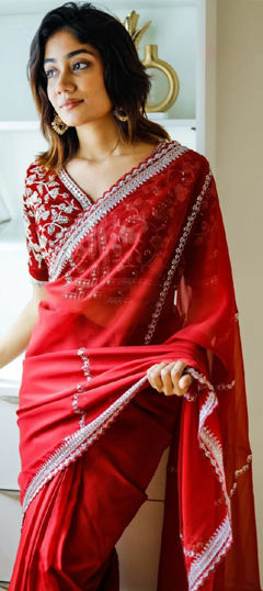 Red and Maroon color Saree in Organza Silk fabric with Embroidered, Sequence, Thread work