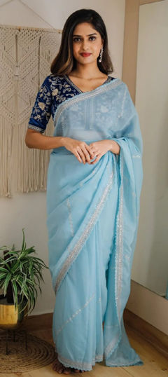 Blue color Saree in Organza Silk fabric with Embroidered, Sequence, Thread work