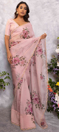 Pink and Majenta color Saree in Organza Silk fabric with Floral, Lace, Printed work
