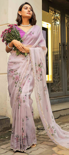 Purple and Violet color Saree in Organza Silk fabric with Floral, Lace, Printed work