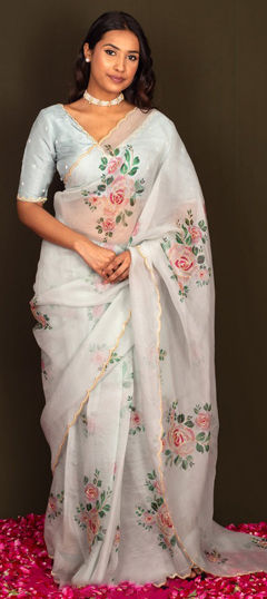 Blue color Saree in Organza Silk fabric with Floral, Lace, Printed work