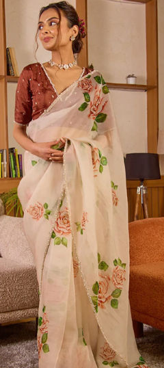 White and Off White color Saree in Organza Silk fabric with Floral, Lace, Printed work