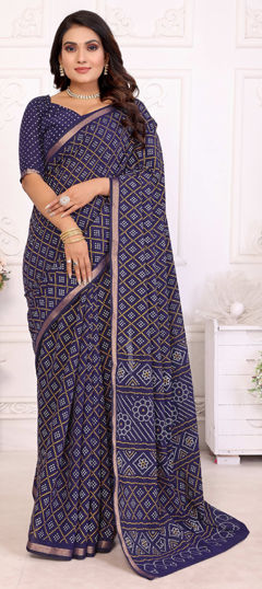Blue color Saree in Cotton fabric with Bandhej, Printed work