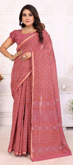 Pink and Majenta color Saree in Cotton fabric with Bandhej, Printed work