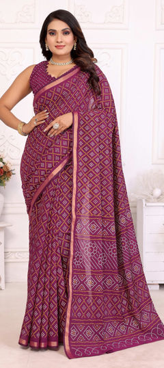 Purple and Violet color Saree in Cotton fabric with Bandhej, Printed work