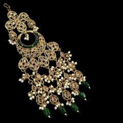 Gold Rodium Polish Green color Passa in Metal Alloy studded with Kundan, Pearl
