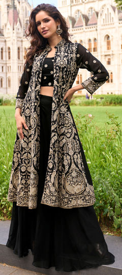 Black and Grey color Salwar Kameez in Georgette fabric with Bugle Beads, Embroidered, Sequence, Zari work