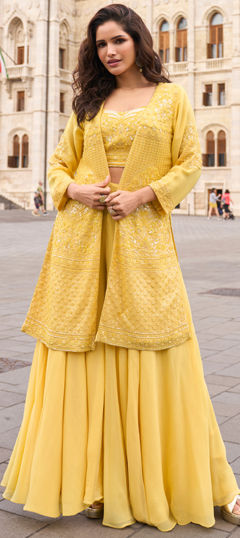 Yellow color Salwar Kameez in Georgette fabric with Bugle Beads, Embroidered, Sequence, Zari work