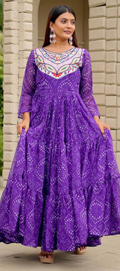 Purple and Violet color Gown in Faux Georgette fabric with Bandhej, Embroidered, Printed work