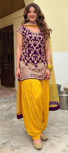 Purple and Violet color Salwar Kameez in Silk fabric with Embroidered, Sequence, Zari work