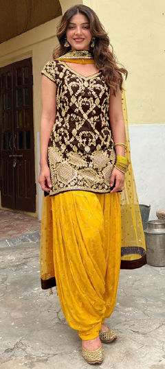 Beige and Brown color Salwar Kameez in Silk fabric with Embroidered, Sequence, Zari work