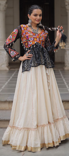 Black and Grey color Ready to Wear Lehenga in Cotton, Georgette fabric with Bandhej, Embroidered, Printed work