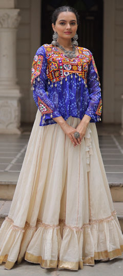 Blue color Ready to Wear Lehenga in Cotton, Georgette fabric with Bandhej, Embroidered, Printed work