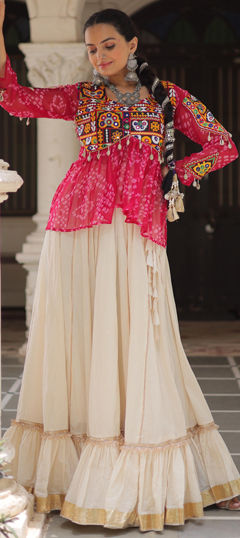 Pink and Majenta color Ready to Wear Lehenga in Cotton, Georgette fabric with Bandhej, Embroidered, Printed work