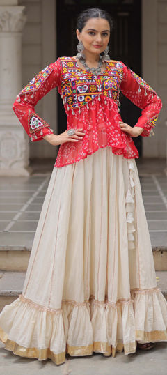 Red and Maroon color Ready to Wear Lehenga in Cotton, Georgette fabric with Bandhej, Embroidered, Printed work