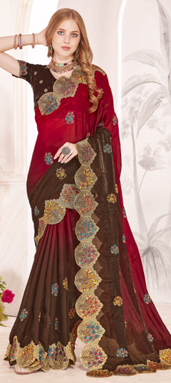 Red and Maroon color Saree in Satin Silk fabric with Embroidered, Resham, Zari work