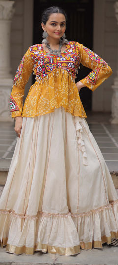 Yellow color Ready to Wear Lehenga in Cotton, Georgette fabric with Bandhej, Embroidered, Printed work