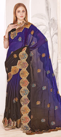 Purple and Violet color Saree in Satin Silk fabric with Embroidered, Resham, Zari work