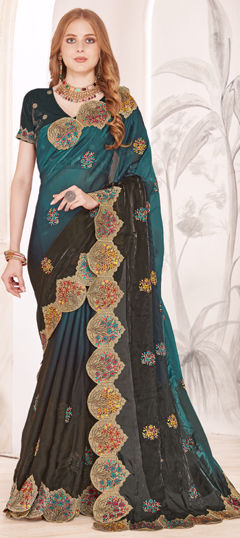Green color Saree in Satin Silk fabric with Embroidered, Resham, Zari work