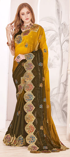 Yellow color Saree in Satin Silk fabric with Embroidered, Resham, Zari work