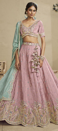 Pink and Majenta color Lehenga in Satin Silk fabric with Bugle Beads, Embroidered, Sequence, Stone, Thread work