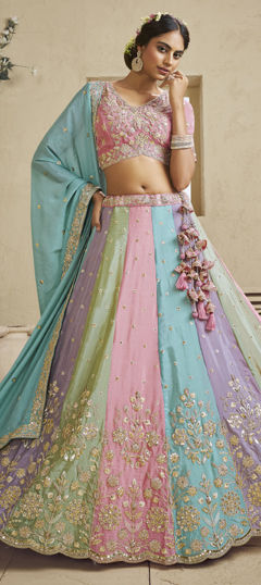 Blue color Lehenga in Georgette fabric with Bugle Beads, Embroidered, Sequence, Stone, Thread work