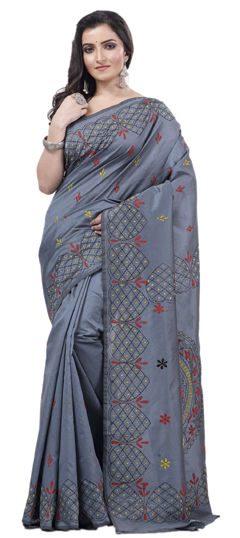 Black and Grey color Saree in Blended Cotton fabric with Printed work