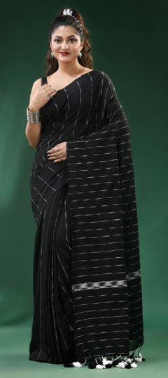 Black and Grey color Saree in Cotton fabric with Printed work