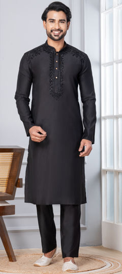 Black and Grey color Kurta Pyjamas in Cotton fabric with Bugle Beads, Cut Dana, Thread work