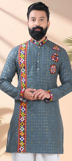 Blue color Kurta in Cotton fabric with Embroidered, Lace, Mirror work