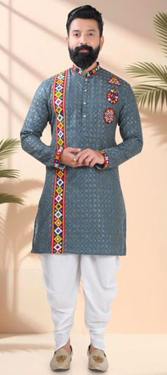 Blue color Dhoti Kurta in Cotton fabric with Embroidered, Lace, Mirror, Patch work