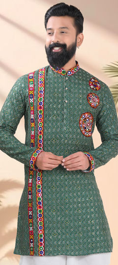 Green color Kurta in Cotton fabric with Embroidered, Lace, Mirror, Patch work