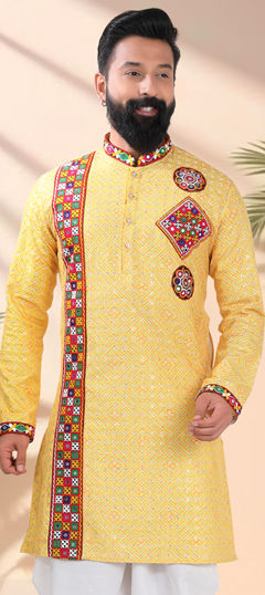 Yellow color Kurta in Cotton fabric with Embroidered, Lace, Mirror, Patch work