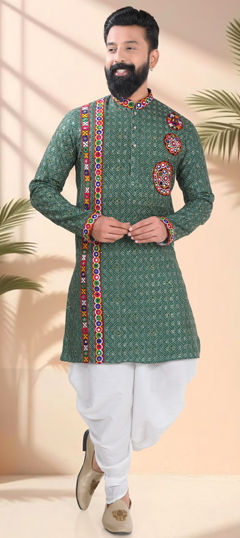 Green color Dhoti Kurta in Cotton fabric with Embroidered, Lace, Mirror, Patch work
