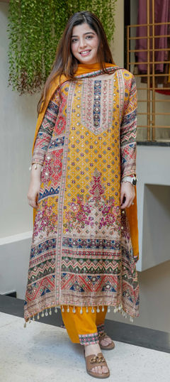 Yellow color Salwar Kameez in Chinon Silk fabric with Bandhej, Embroidered, Floral work