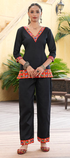 Black and Grey color Salwar Kameez in Cotton fabric with Embroidered, Mirror work