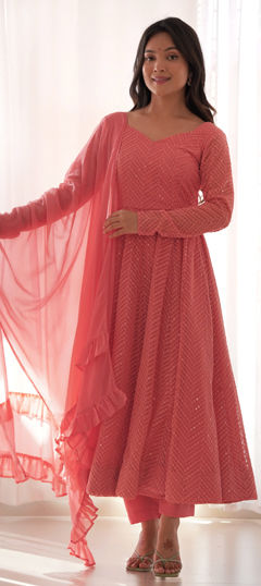 Pink and Majenta color Salwar Kameez in Faux Georgette fabric with Embroidered, Sequence work